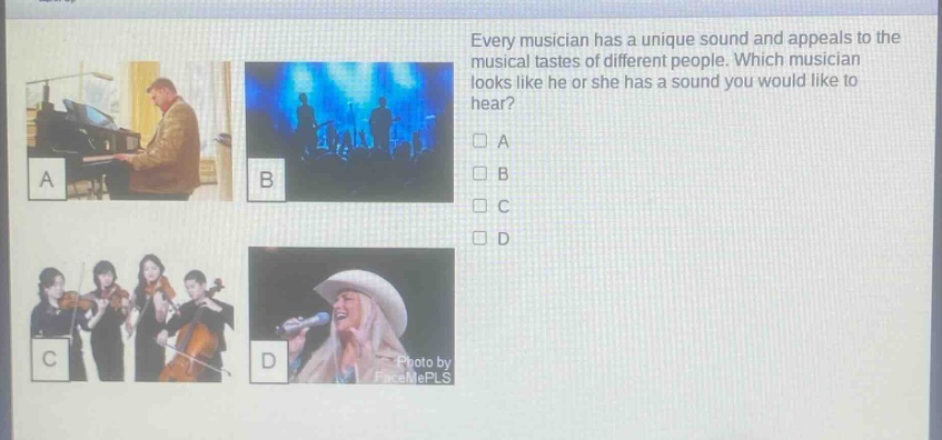 every musician has a unique sound and appeals to the musical tastes of different people. which musician looks like he or she has a sound you would like to hear?\n□ a\n□ b\n□ c\n□ d