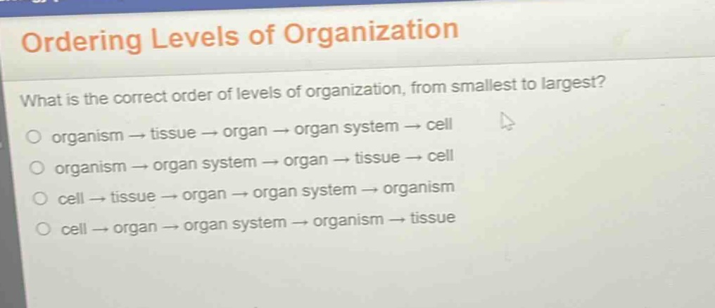 ordering levels of organization\nwhat is the correct order of levels of organization, from smallest to largest?\norganism → tissue → organ → organ system → cell\norganism → organ system → organ → tissue → cell\ncell → tissue → organ → organ system → organism\ncell → organ → organ system → organism → tissue