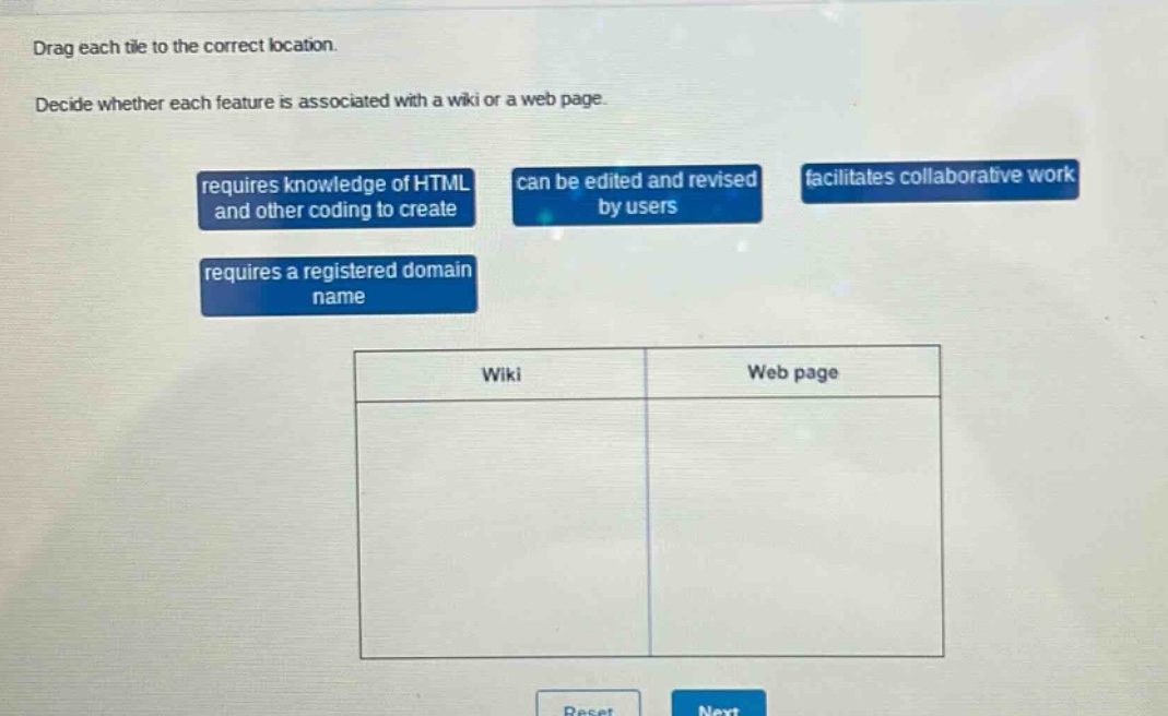 drag each tile to the correct location. decide whether each feature is associated with a wiki or a web page. requires knowledge of html and other coding to create can be edited and revised by users facilitates collaborative work requires a registered domain name wiki web page