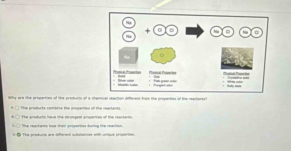 why are the properties of the products of a chemical reaction different from the properties of the reactants? a the products combine the properties of the reactants. b the products have the strongest properties of the reactants. c the reactants lose their properties during the reaction. d the products are different substances with unique properties.
