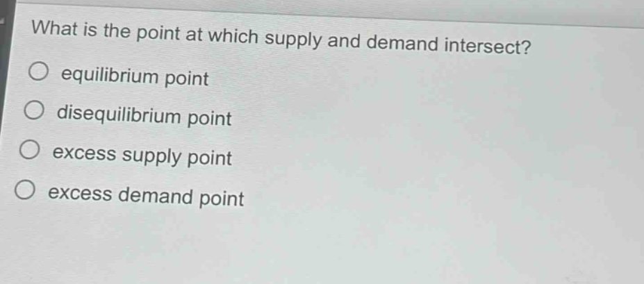 what is the point at which supply and demand intersect?\no equilibrium point\no disequilibrium point\no excess supply point\no excess demand point