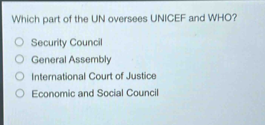 which part of the un oversees unicef and who?\nsecurity council\ngeneral assembly\ninternational court of justice\neconomic and social council