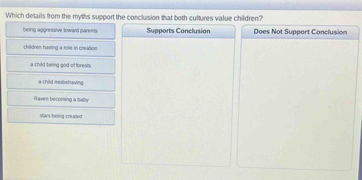 which details from the myths support the conclusion that both cultures value children? being aggressive toward parents children having a role in creation a child being god of forests a child misbehaving raven becoming a baby stars being created supports conclusion does not support conclusion