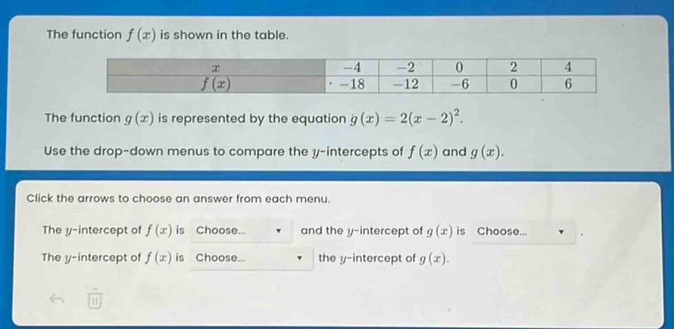 the function f(x) is shown in the table.\n|x| - 4| - 2|0|2|4|\n|f(x)| - 18| - 12| - 6|0|6|\nthe function g(x) is represented by the equation g(x)=2(x - 2)^2.\nuse the drop - down menus to compare the y - intercepts of f(x) and g(x).\nclick the arrows to choose an answer from each menu.\nthe y - intercept of f(x) is choose... and the y - intercept of g(x) is choose...\nthe y - intercept of f(x) is choose... the y - intercept of g(x).