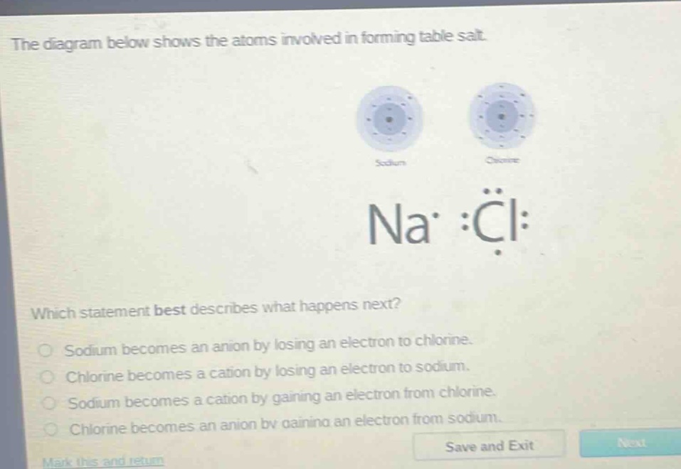 the diagram below shows the atoms involved in forming table salt. which statement best describes what happens next? sodium becomes an anion by losing an electron to chlorine. chlorine becomes a cation by losing an electron to sodium. sodium becomes a cation by gaining an electron from chlorine. chlorine becomes an anion by gaining an electron from sodium.