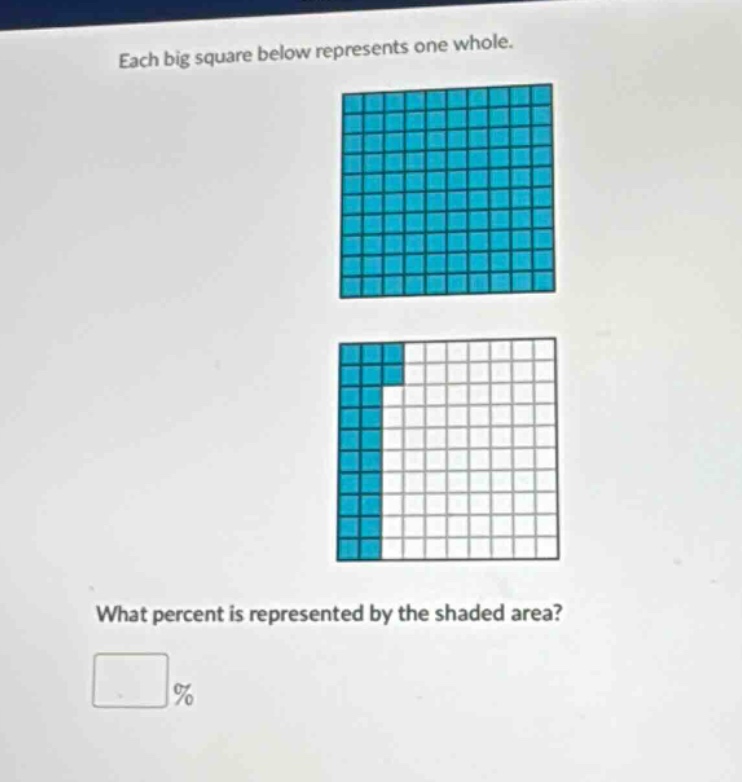 each big square below represents one whole. what percent is represented by the shaded area? %