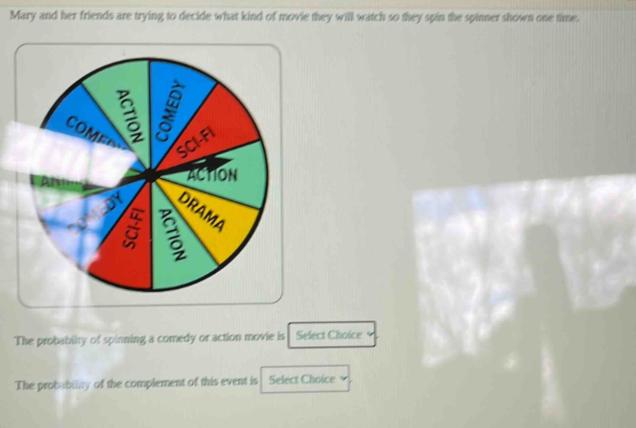mary and her friends are trying to decide what kind of movie they will watch so they spin the spinner shown one time. the probability of spinning a comedy or action movie is select choice. the probability of the complement of this event is select choice.