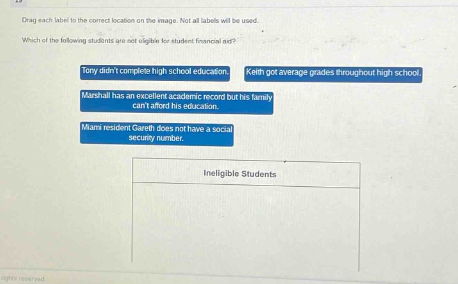 drag each label to the correct location on the image. not all labels will be used. which of the following students are not eligible for student financial aid? tony didnt complete high school education. keith got average grades throughout high school. marshall has an excellent academic record but his family cant afford his education. miami resident gareth does not have a social security number. ineligible students