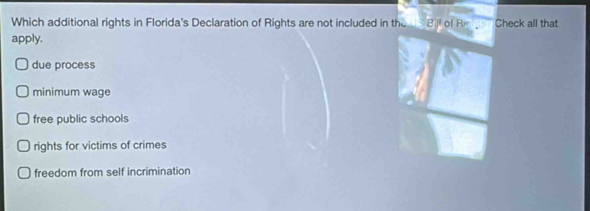 which additional rights in floridas declaration of rights are not included in the us bill of rights? check all that apply. due process minimum wage free public schools rights for victims of crimes freedom from self incrimination