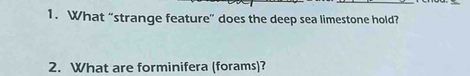 1. what “strange feature” does the deep sea limestone hold? 2. what are foraminifera (forams)?