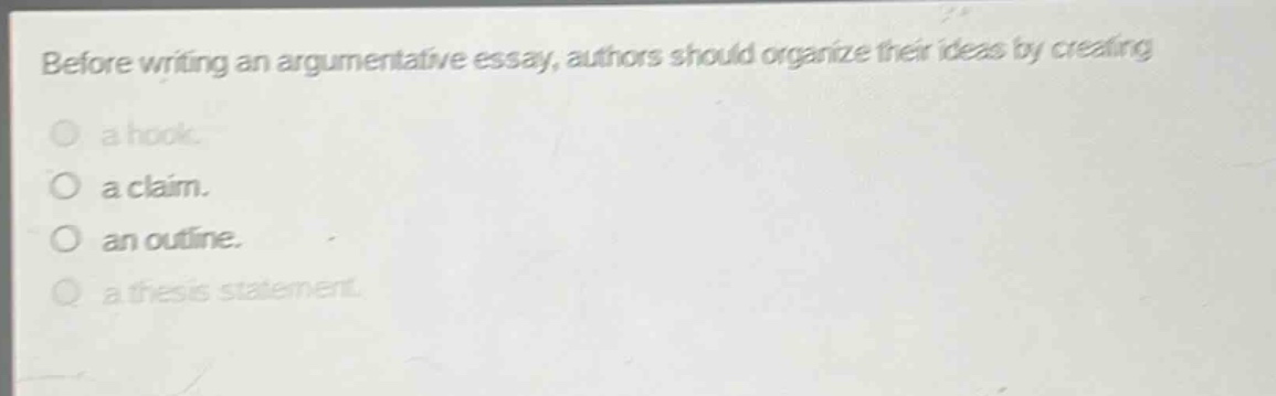 before writing an argumentative essay, authors should organize their ideas by creating a hook. a claim. an outline. a thesis statement.