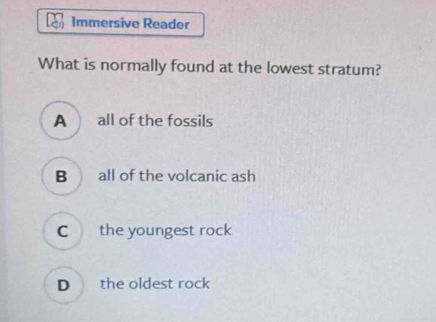 what is normally found at the lowest stratum? a all of the fossils b all of the volcanic ash c the youngest rock d the oldest rock