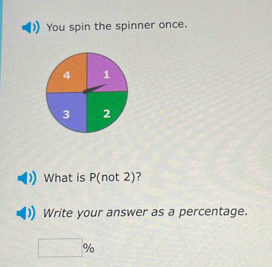 you spin the spinner once. what is p(not 2)? write your answer as a percentage. %
