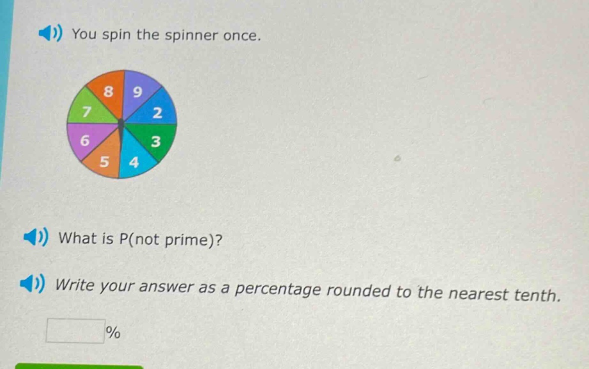 you spin the spinner once. what is p(not prime)? write your answer as a percentage rounded to the nearest tenth. %