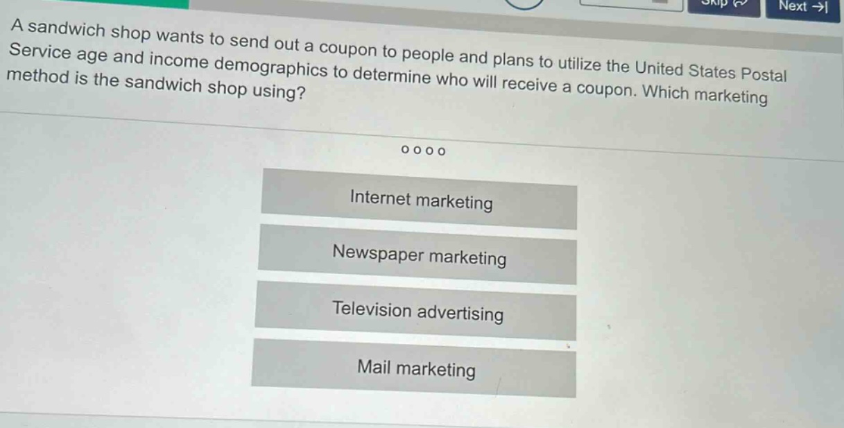 a sandwich shop wants to send out a coupon to people and plans to utilize the united states postal service age and income demographics to determine who will receive a coupon. which marketing method is the sandwich shop using? internet marketing newspaper marketing television advertising mail marketing