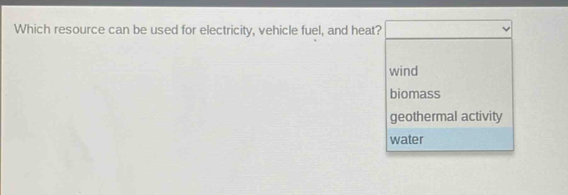 which resource can be used for electricity, vehicle fuel, and heat? wind biomass geothermal activity water