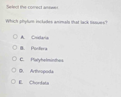 select the correct answer. which phylum includes animals that lack tissues? a. cnidaria b. porifera c. platyhelminthes d. arthropoda e. chordata