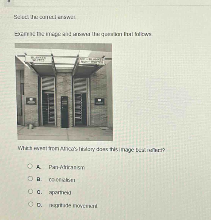 select the correct answer. examine the image and answer the question that follows. which event from africas history does this image best reflect? a. pan - africanism b. colonialism c. apartheid d. negritude movement