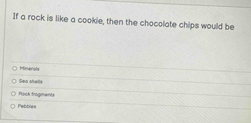 if a rock is like a cookie, then the chocolate chips would be minerals sea shells rock fragments pebbles
