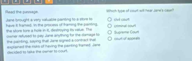 read the passage. jane brought a very valuable painting to a store to have it framed. in the process of framing the painting, the store tore a hole in it, destroying its value. the owner refused to pay jane anything for the damage to the painting, saying that jane signed a contract that explained the risks of having the painting framed. jane decided to take the owner to court. which type of court will hear janes case? civil court criminal court supreme court court of appeals