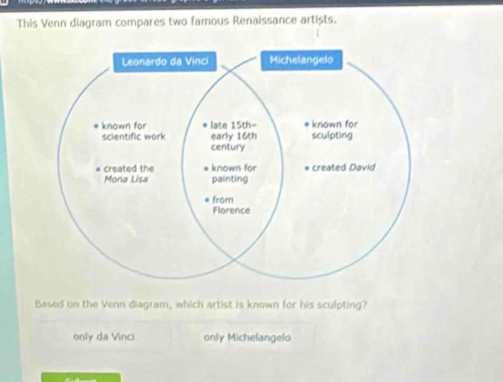 this venn diagram compares two famous renaissance artists. based on the venn diagram, which artist is known for his sculpting? only da vinci only michelangelo