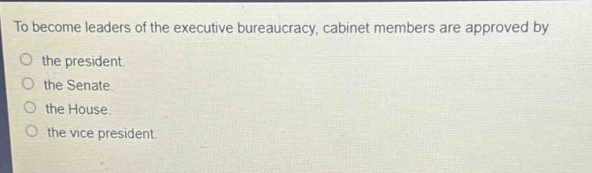 to become leaders of the executive bureaucracy, cabinet members are approved by the president. the senate. the house. the vice president.