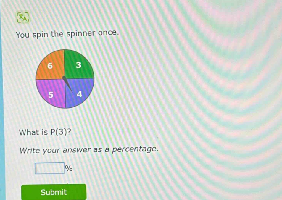 you spin the spinner once. what is p(3)? write your answer as a percentage.