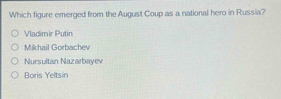 which figure emerged from the august coup as a national hero in russia?\nvladimir putin\nmikhail gorbachev\nnursultan nazarbayev\nboris yeltsin