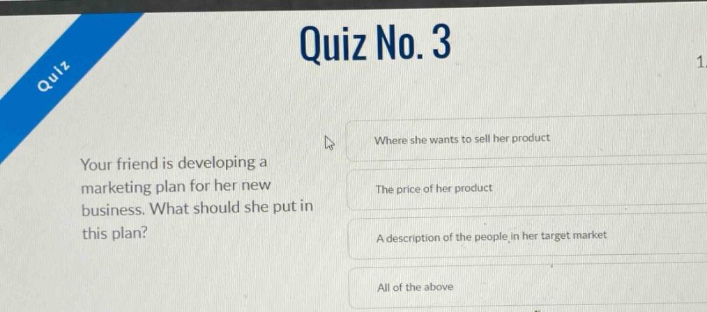 quiz no. 3 your friend is developing a marketing plan for her new business. what should she put in this plan? where she wants to sell her product the price of her product a description of the people in her target market all of the above