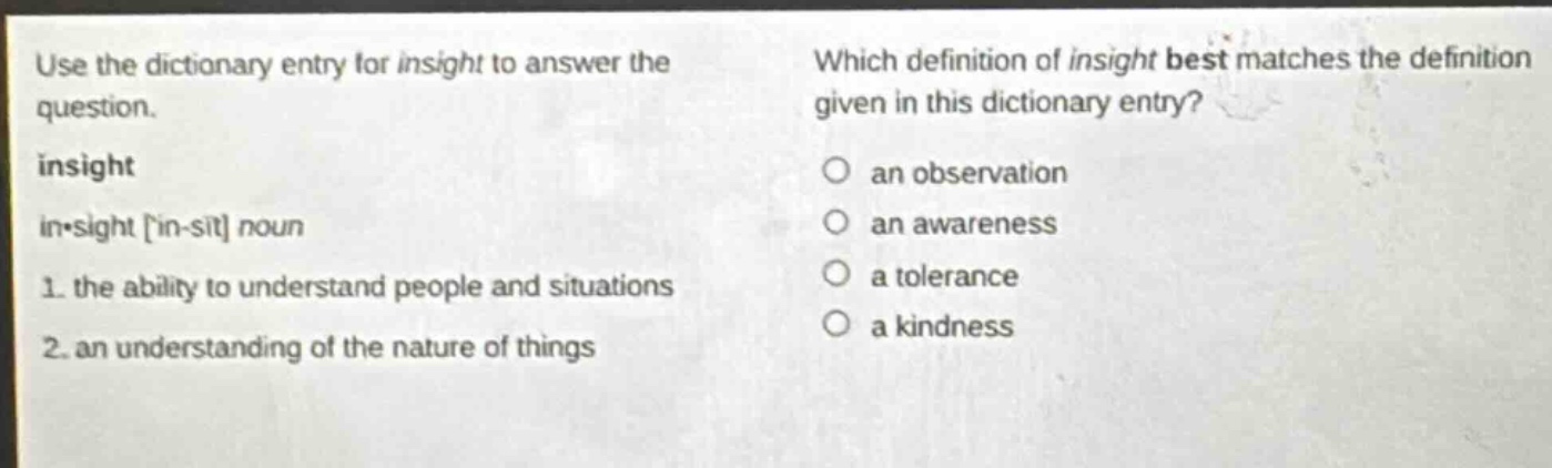 use the dictionary entry for insight to answer the question. insight in·sight in - sit noun 1. the ability to understand people and situations 2. an understanding of the nature of things which definition of insight best matches the definition given in this dictionary entry? an observation an awareness a tolerance a kindness