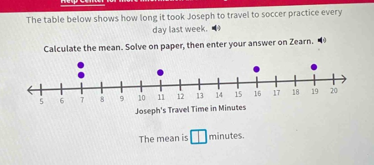 the table below shows how long it took joseph to travel to soccer practice every day last week. calculate the mean. solve on paper, then enter your answer on zearn. josephs travel time in minutes the mean is minutes.