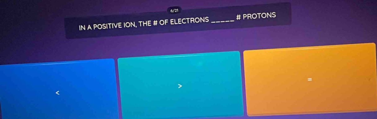 in a positive ion, the # of electrons _______ # protons