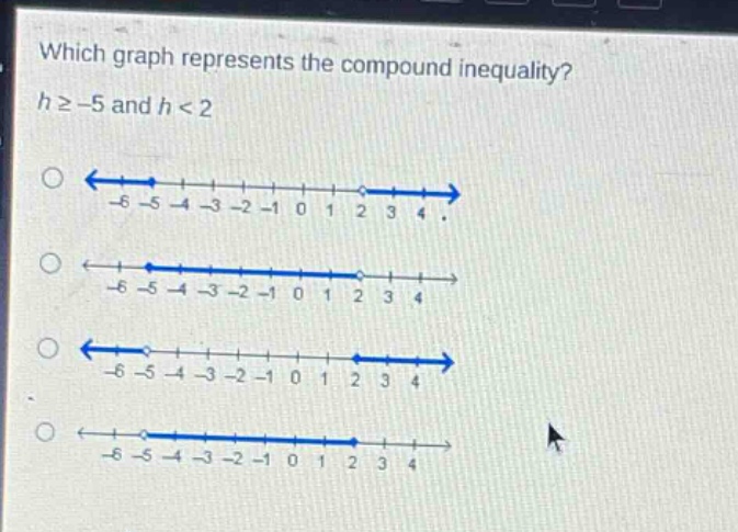 which graph represents the compound inequality? h ≥ -5 and h < 2