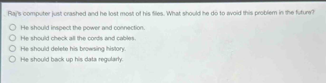 rajs computer just crashed and he lost most of his files. what should he do to avoid this problem in the future? he should inspect the power and connection. he should check all the cords and cables. he should delete his browsing history. he should back up his data regularly.