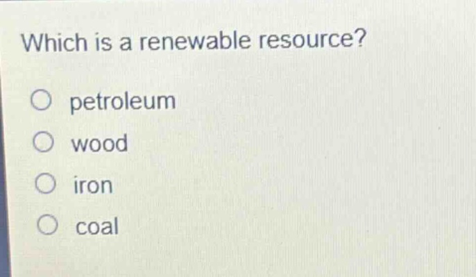 which is a renewable resource?\no petroleum\no wood\no iron\no coal