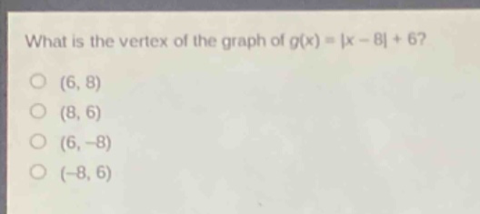 what is the vertex of the graph of g(x) = |x - 8| + 6?\n(6, 8)\n(8, 6)\n(6, -8)\n(-8, 6)