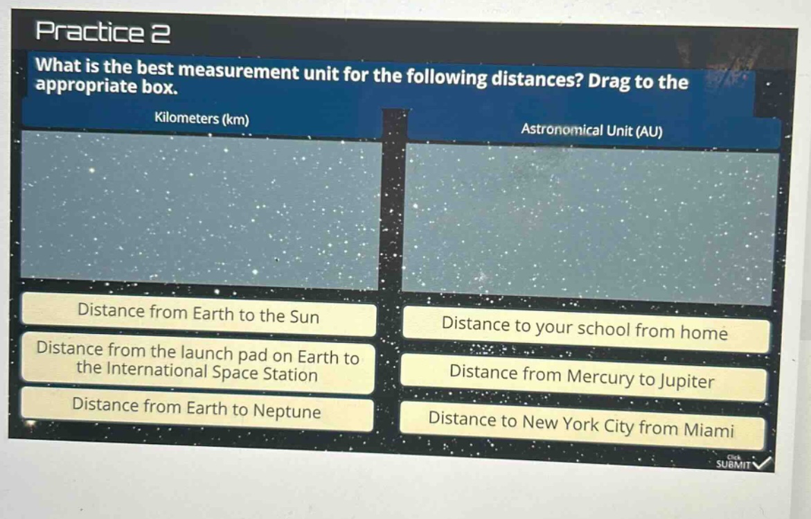 practice 2 what is the best measurement unit for the following distances? drag to the appropriate box. kilometers (km) astronomical unit (au) distance from earth to the sun distance to your school from home distance from the launch pad on earth to the international space station distance from mercury to jupiter distance from earth to neptune distance to new york city from miami