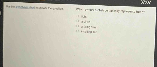 use the archetypes chart to answer the question. which symbol archetype typically represents hope? light a circle a rising sun a setting sun