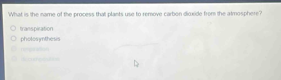 what is the name of the process that plants use to remove carbon dioxide from the atmosphere?\no transpiration\no photosynthesis\no respiration\no decomposition