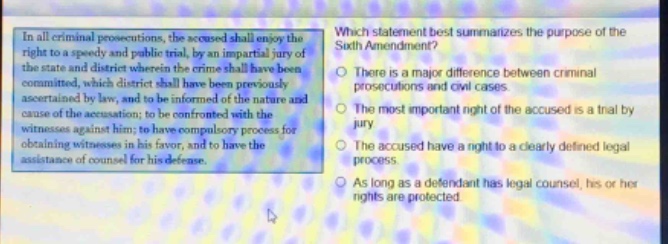 in all criminal prosecutions, the accused shall enjoy the right to a speedy and public trial, by an impartial jury of the state and district wherein the crime shall have been committed, which district shall have been previously ascertained by law, and to be informed of the nature and cause of the accusation; to be confronted with the witnesses against him; to have compulsory process for obtaining witnesses in his favor, and to have the assistance of counsel for his defense. which statement best summarizes the purpose of the sixth amendment? there is a major difference between criminal prosecutions and civil cases. the most important right of the accused is a trial by jury. the accused have a right to a clearly defined legal process. as long as a defendant has legal counsel, his or her rights are protected.