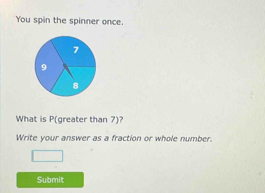 you spin the spinner once. what is p(greater than 7)? write your answer as a fraction or whole number.