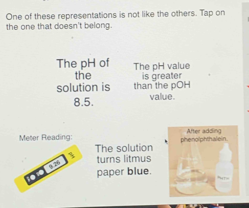 one of these representations is not like the others. tap on the one that doesnt belong. the ph of the solution is 8.5. the ph value is greater than the poh value. meter reading: 9.26 the solution turns litmus paper blue. after adding phenolphthalein.