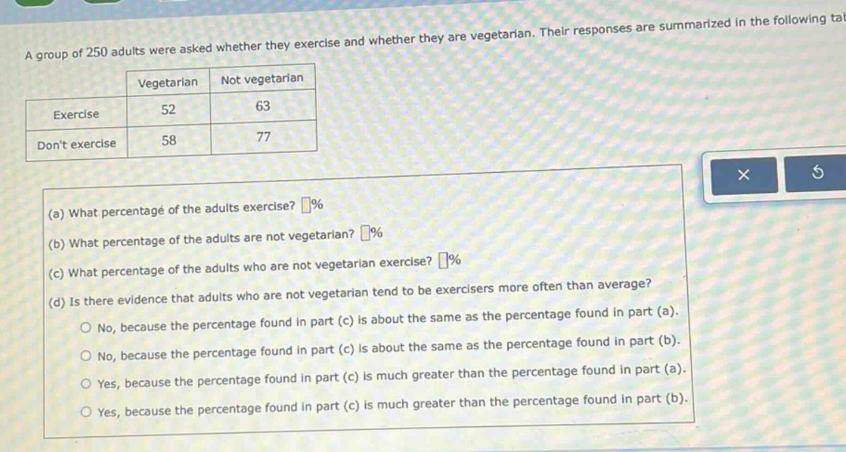 a group of 250 adults were asked whether they exercise and whether they are vegetarian. their responses are summarized in the following table.\n| |vegetarian|not vegetarian|\n|--|--|--|\n|exercise|52|63|\n|dont exercise|58|77|\n(a) what percentage of the adults exercise? %\n(b) what percentage of the adults are not vegetarian? %\n(c) what percentage of the adults who are not vegetarian exercise? %\n(d) is there evidence that adults who are not vegetarian tend to be exercisers more often than average?\nno, because the percentage found in part (c) is about the same as the percentage found in part (a).\nno, because the percentage found in part (c) is about the same as the percentage found in part (b).\nyes, because the percentage found in part (c) is much greater than the percentage found in part (a).\nyes, because the percentage found in part (c) is much greater than the percentage found in part (b).