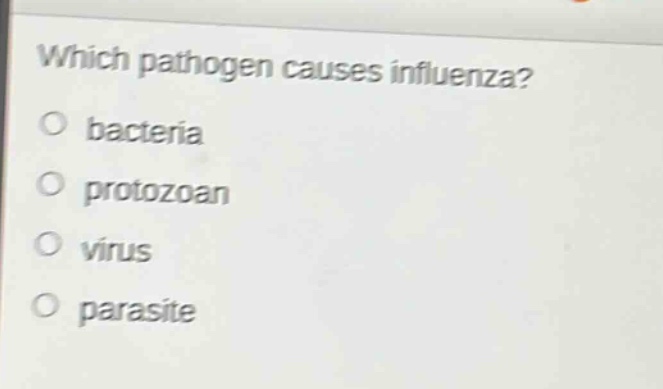 which pathogen causes influenza?\no bacteria\no protozoan\no virus\no parasite
