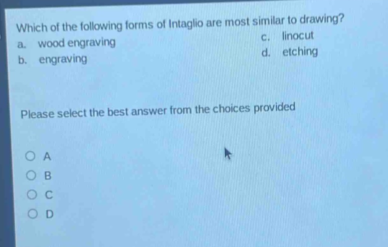 which of the following forms of intaglio are most similar to drawing? a. wood engraving b. engraving c. linocut d. etching please select the best answer from the choices provided