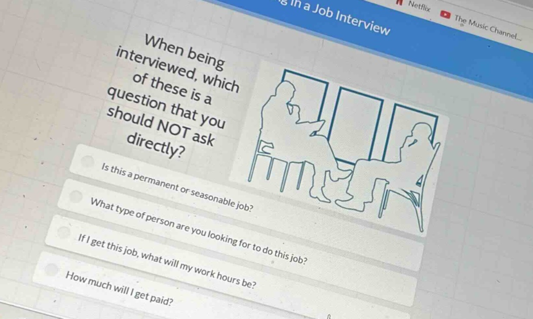 when being interviewed, which of these is a question that you should not ask directly? is this a permanent or seasonable job? what type of person are you looking for to do this job? if i get this job, what will my work hours be? how much will i get paid?