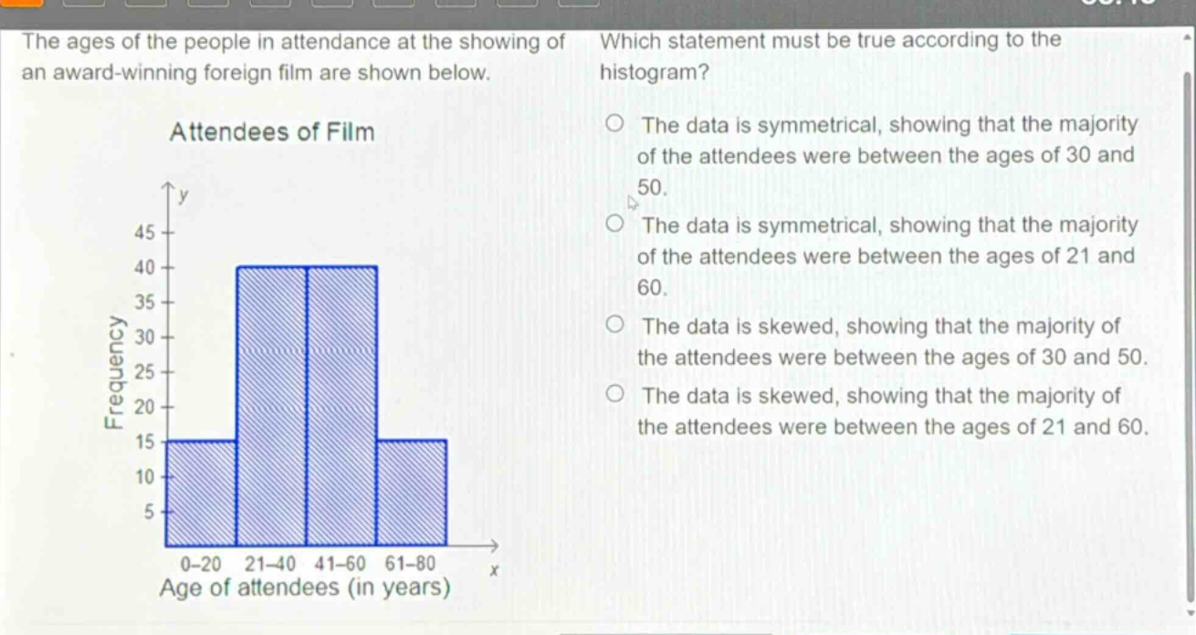 the ages of the people in attendance at the showing of an award - winning foreign film are shown below. which statement must be true according to the histogram? attendees of film the data is symmetrical, showing that the majority of the attendees were between the ages of 30 and 50. the data is symmetrical, showing that the majority of the attendees were between the ages of 21 and 60. the data is skewed, showing that the majority of the attendees were between the ages of 30 and 50. the data is skewed, showing that the majority of the attendees were between the ages of 21 and 60.