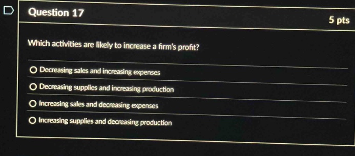 question 17 5 pts which activities are likely to increase a firms profit? decreasing sales and increasing expenses decreasing supplies and increasing production increasing sales and decreasing expenses increasing supplies and decreasing production