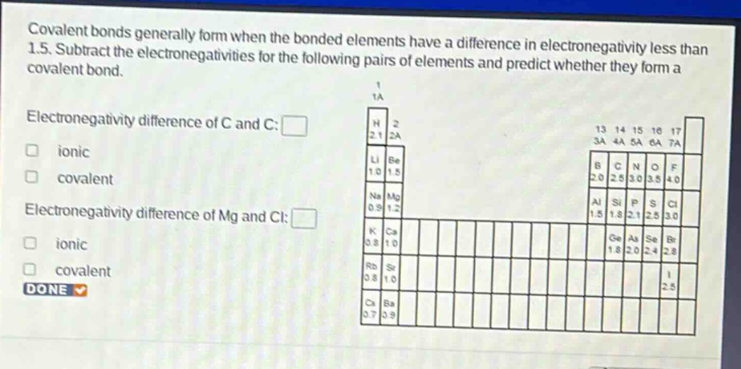 covalent bonds generally form when the bonded elements have a difference in electronegativity less than 1.5. subtract the electronegativities for the following pairs of elements and predict whether they form a covalent bond. electronegativity difference of c and c: □ ionic □ covalent electronegativity difference of mg and cl: □ ionic □ covalent done