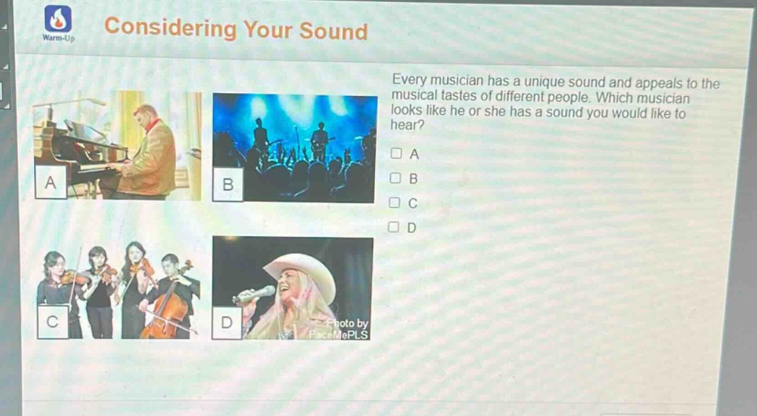 considering your sound\nwarm - up\nevery musician has a unique sound and appeals to the musical tastes of different people. which musician looks like he or she has a sound you would like to hear?\na\nb\nc\nd